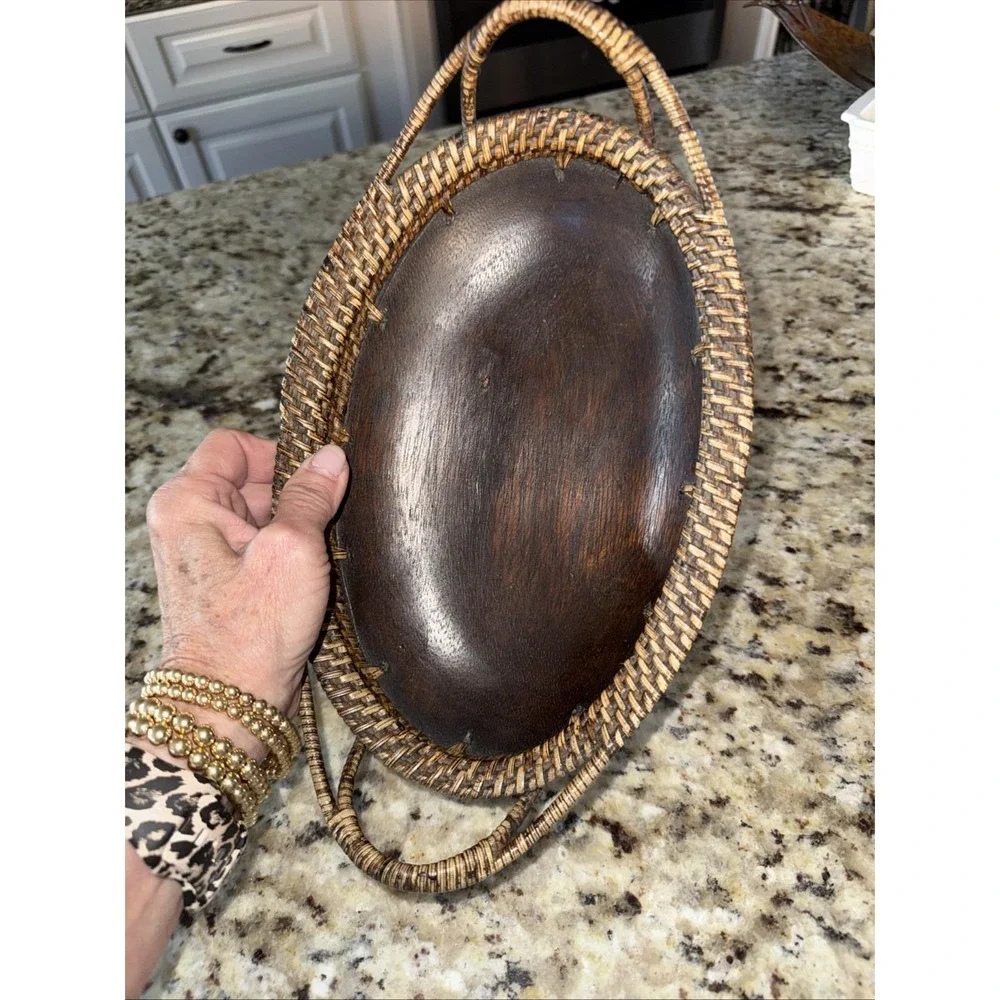 Mid Century Modern Rare Vintage Wood Palecek‎ Inlaid Oval Seed Bowl - Woven 5249